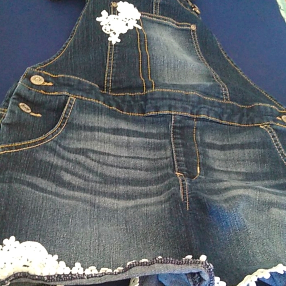 3/$15 Jordache denim overalls with lace embellishment